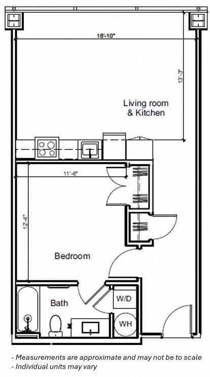 Floor plan for 1 bed, 1 bath, 688 sqft